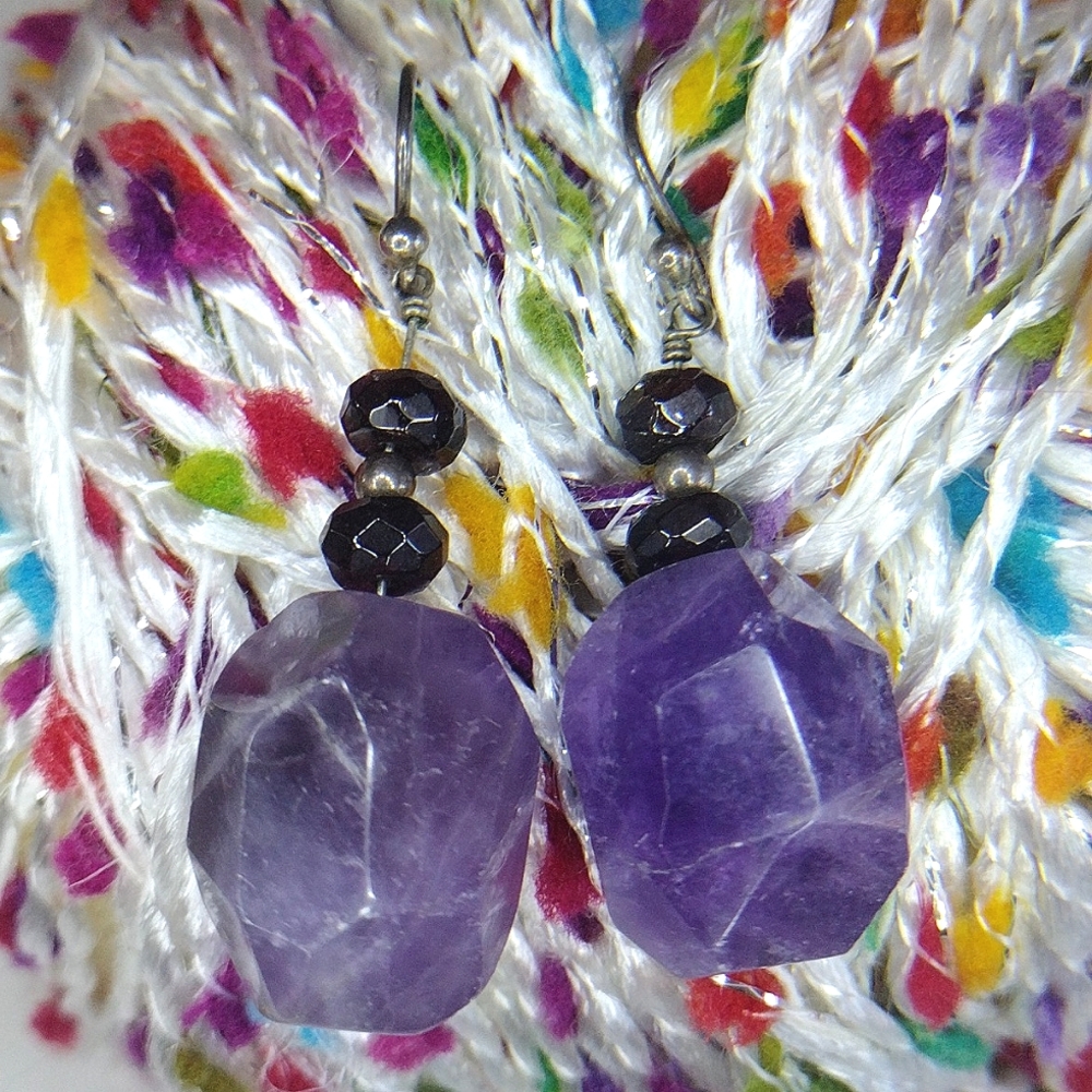 Faceted Red Garnet Chunky Amethyst Dangle Earrings